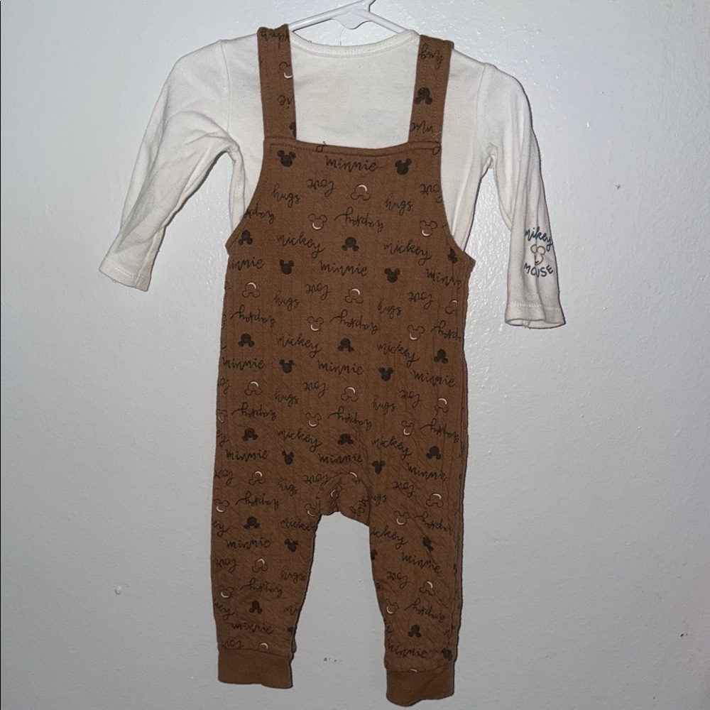 SOLD‼️Disney Cream Long Sleeve Top with Brown Minnie Overalls Baby Set